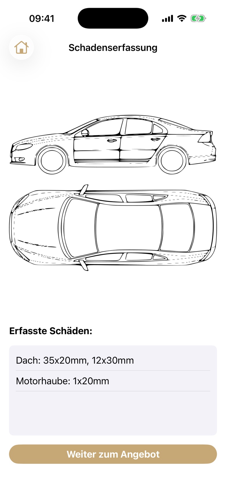 Schadenserfassung mit Fahrzeugskizze: Dach und Motorhaube erfasst