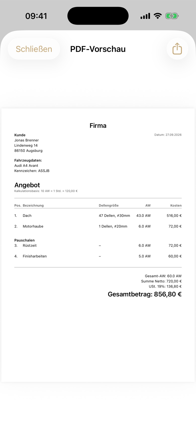 Fertiges PDF-Angebot mit Positionen, Arbeitswerten und Gesamtbetrag